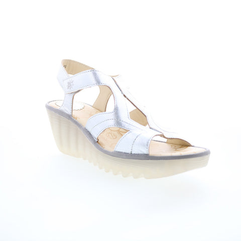 Fly London Yotu YOTU472FLY-001 Womens Silver Leather Wedges Sandals Shoes