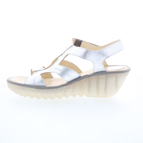 Fly London Yotu YOTU472FLY-001 Womens Silver Leather Wedges Sandals Shoes