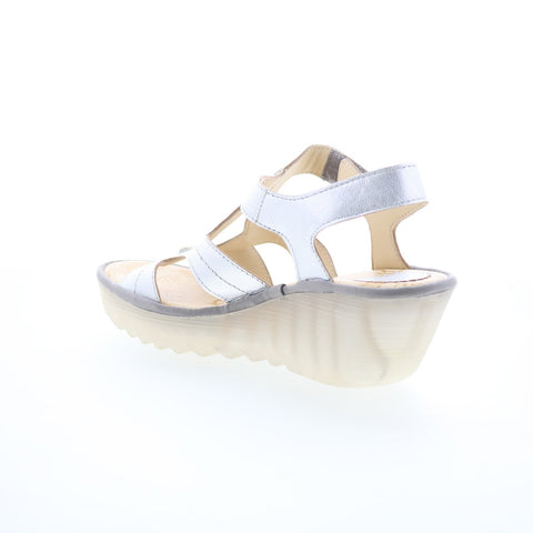 Fly London Yotu YOTU472FLY-001 Womens Silver Leather Wedges Sandals Shoes