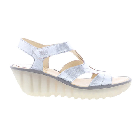 Fly London Yotu YOTU472FLY-001 Womens Silver Leather Wedges Sandals Shoes