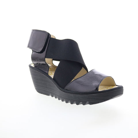 Fly London Yuba YUBA385FLY-011 Womens Black Leather Wedges Sandals Shoes