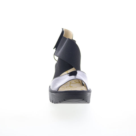 Fly London Yuba YUBA385FLY-011 Womens Black Leather Wedges Sandals Shoes