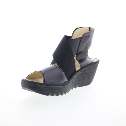 Fly London Yuba YUBA385FLY-011 Womens Black Leather Wedges Sandals Shoes