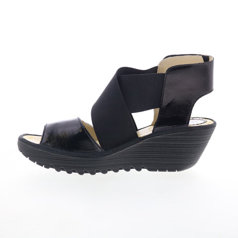 Fly London Yuba YUBA385FLY-011 Womens Black Leather Wedges Sandals Shoes