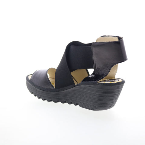 Fly London Yuba YUBA385FLY-011 Womens Black Leather Wedges Sandals Shoes