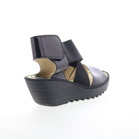 Fly London Yuba YUBA385FLY-011 Womens Black Leather Wedges Sandals Shoes