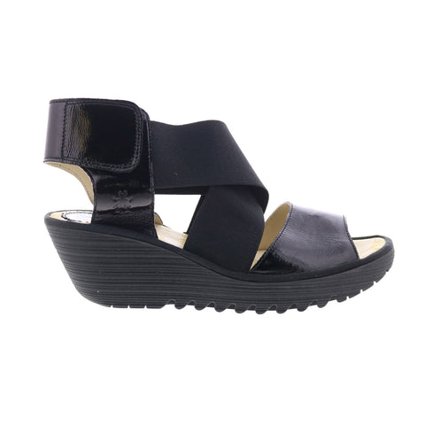 Fly London Yuba YUBA385FLY-011 Womens Black Leather Wedges Sandals Shoes