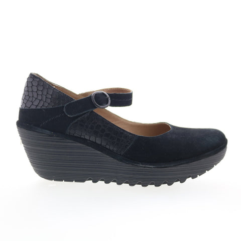 Fly London Yuko YUKO082FLY-008 Womens Black Leather Wedges Sandals Shoes