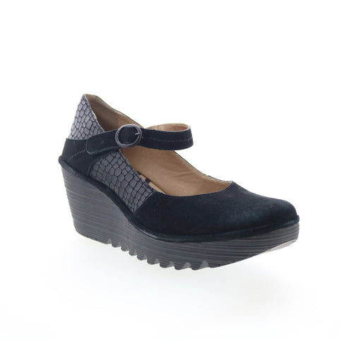 Fly London Yuko YUKO082FLY-008 Womens Black Leather Wedges Sandals Shoes