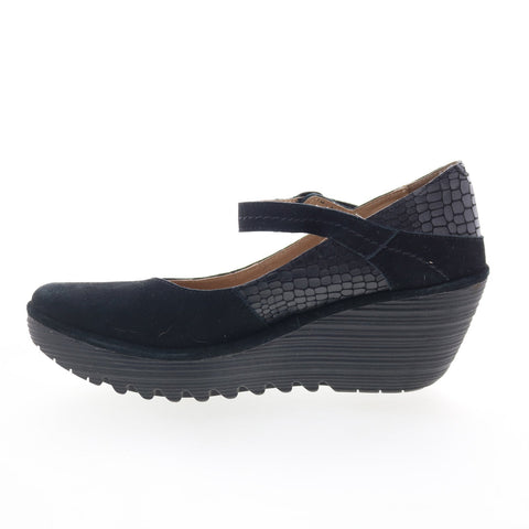 Fly London Yuko YUKO082FLY-008 Womens Black Leather Wedges Sandals Shoes