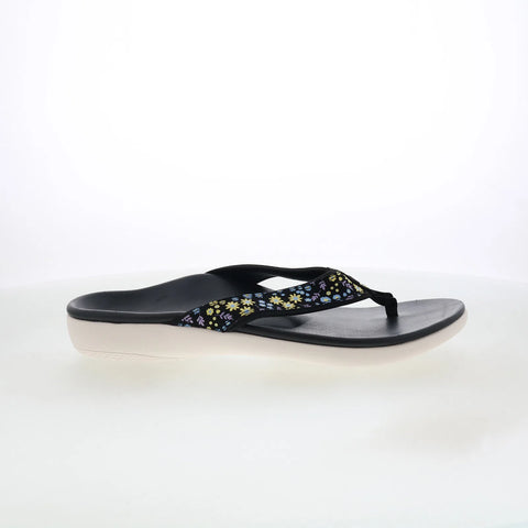 Spenco Yumi Dainty Floral Womens Black Wide Flip-Flops Sandals Shoes
