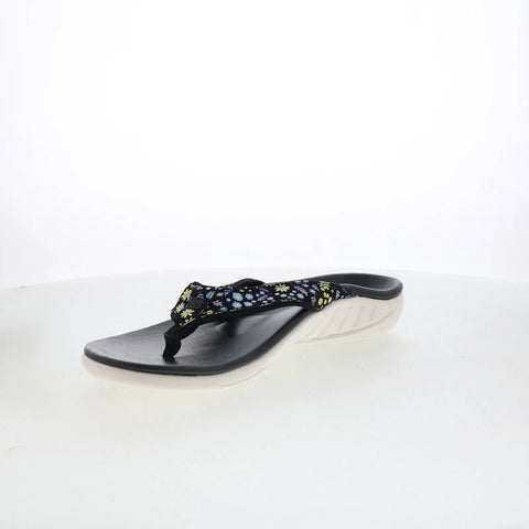 Spenco Yumi Dainty Floral Womens Black Wide Flip-Flops Sandals Shoes