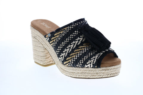 Toms Junie 10013588 Womens Black Canvas Slip On Heels Mules Shoes