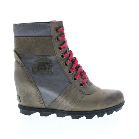 Sorel Lexie Wedge 1808531052 Womens Gray Leather Lace Up Booties Boots