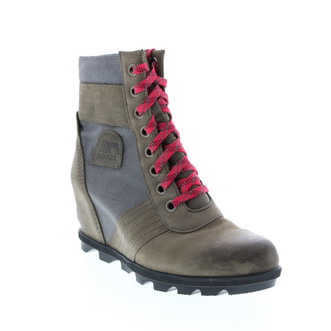 Sorel Lexie Wedge 1808531052 Womens Gray Leather Lace Up Booties Boots