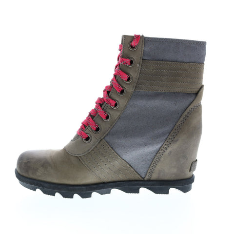 Sorel Lexie Wedge 1808531052 Womens Gray Leather Lace Up Booties Boots