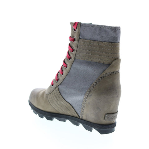 Sorel Lexie Wedge 1808531052 Womens Gray Leather Lace Up Booties Boots