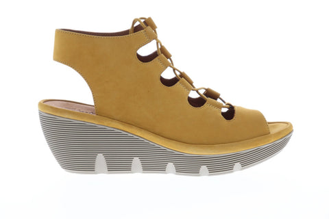Clarks Clarene Grace Womens Yellow Nubuck Heels Lace Up Wedges Shoes