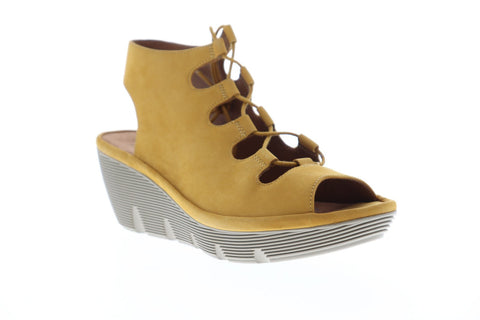 Clarks Clarene Grace Womens Yellow Nubuck Heels Lace Up Wedges Shoes