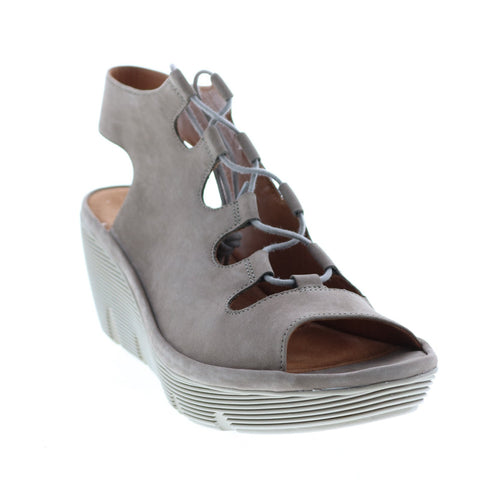 Clarks Clarene Grace 26125063 Womens Gray Nubuck Slip On Wedges Heels Shoes