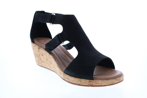 Clarks Un Plaza Strap 26132320 Womens Black Wide Nubuck Wedges Heels Shoes