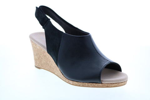Clarks Lafley Jess 26140033 Womens Black Leather Strap Wedges Heels Shoes