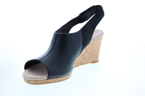 Clarks Lafley Jess 26140033 Womens Black Leather Strap Wedges Heels Shoes