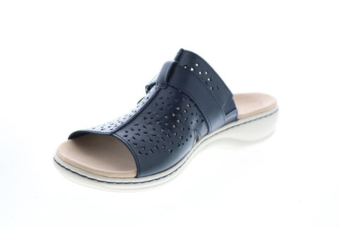 Clarks Leisa Fox 26143158 Womens Blue Leather Strap Slides Sandals Shoes