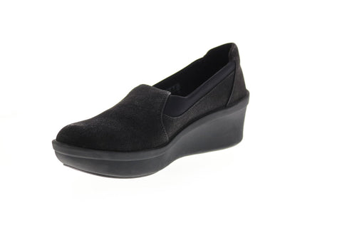 Clarks Step Rose Moon 26145987 Womens Black Wide Canvas Loafer Flats Shoes