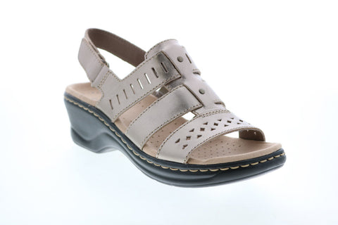 Clarks Lexi Qwin 26146493 Womens Gray Wide Leather Strap Wedges Heels Shoes