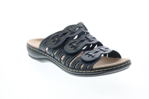 Clarks Leisa Faye 26147658 Womens Blue Wide Leather Strap Sandals Shoes