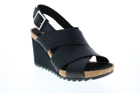 Clarks Flex Sand Leather 26150431 Womens Black Strap Wedges Heels Shoes