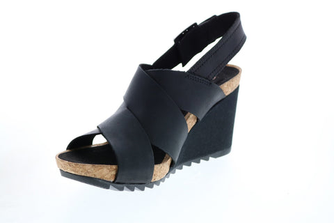 Clarks Flex Sand Leather 26150431 Womens Black Strap Wedges Heels Shoes