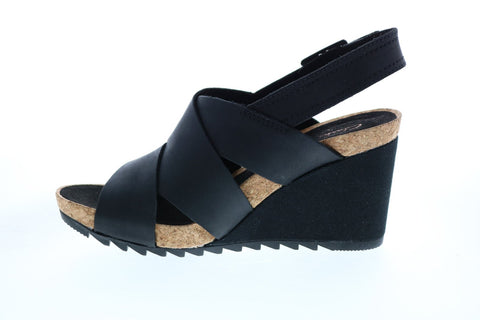Clarks Flex Sand Leather 26150431 Womens Black Strap Wedges Heels Shoes