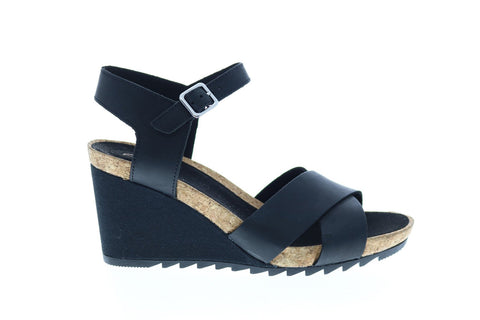 Clarks Flex Sun Leather 26150433 Womens Black Strap Wedges Heels Shoes