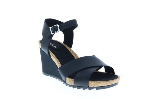 Clarks Flex Sun Leather 26150433 Womens Black Strap Wedges Heels Shoes