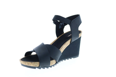Clarks Flex Sun Wide Leather 26150433 Womens Black Strap Wedges Heels Shoes
