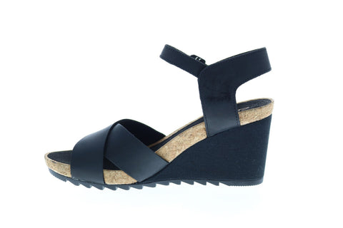 Clarks Flex Sun Leather 26150433 Womens Black Strap Wedges Heels Shoes
