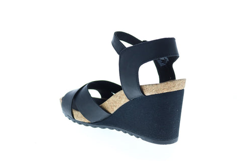 Clarks Flex Sun Wide Leather 26150433 Womens Black Strap Wedges Heels Shoes