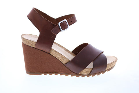Clarks Flex Sun Wide Leather 26150435 Womens Brown Strap Wedges Heels Shoes