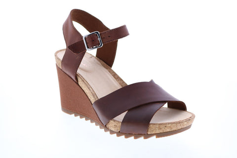 Clarks Flex Sun Wide Leather 26150435 Womens Brown Strap Wedges Heels Shoes
