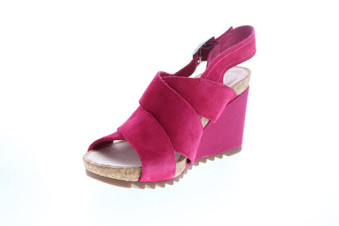 Clarks Flex Sand Suede 26150436 Womens Pink Suede Strap Wedges Heels Shoes