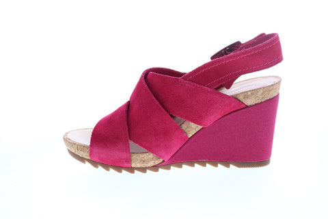 Clarks Flex Sand Suede 26150436 Womens Pink Suede Strap Wedges Heels Shoes