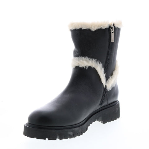Aquatalia Jillian Tumbled Calf Faux Fur 34L3716-BAK Womens Black Leather Zipper Casual Dress Boots
