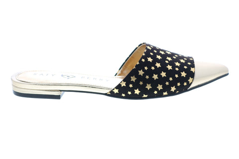 Katy Perry The Tarin Womens Gold Black Canvas Slip On Mule Flats Shoes