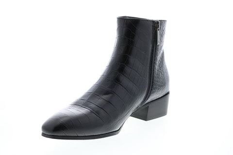 Aquatalia Fuoco Shiny Embos Croco 34L2924-BLK Womens Black Leather Zipper Ankle & Booties Boots