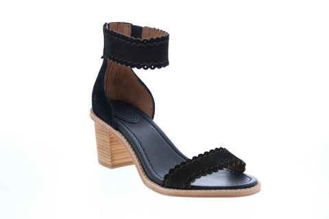 Frye Brielle Scallop Back Zip 71528 Womens Black Suede Strap Heels Shoes