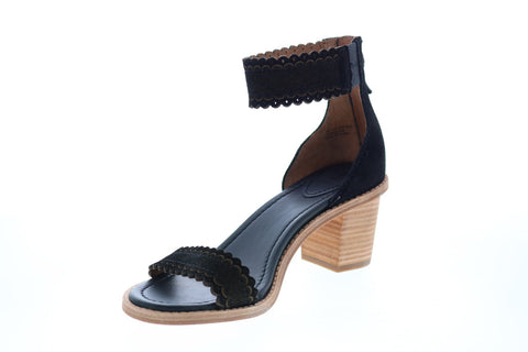 Frye Brielle Scallop Back Zip 71528 Womens Black Suede Strap Heels Shoes