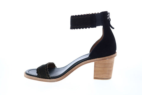 Frye Brielle Scallop Back Zip 71528 Womens Black Suede Strap Heels Shoes