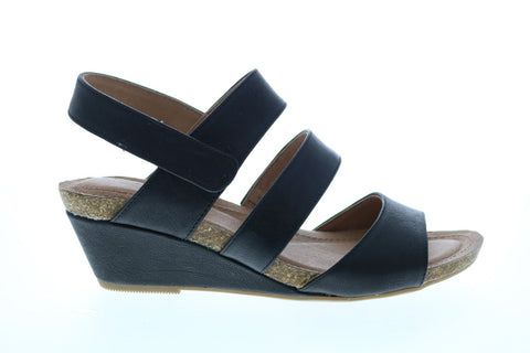 Me Too Tora 3 Strap Back Strap Wedge Womens Black Leather Wedges Heels Shoes